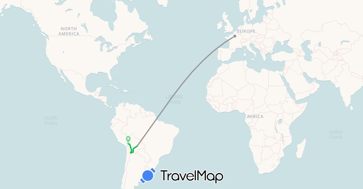 TravelMap itinerary: driving, bus, plane in Bolivia, France (Europe, South America)
